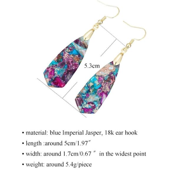 18K Yellow Gold with Natural Imperial Blue Purple Jasper Stone Hook Earrings - Picture 6 of 6